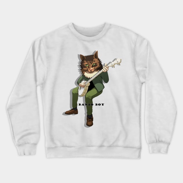 Banjo Boy Cat - With Text - Small Print Version Crewneck Sweatshirt by Cptninja